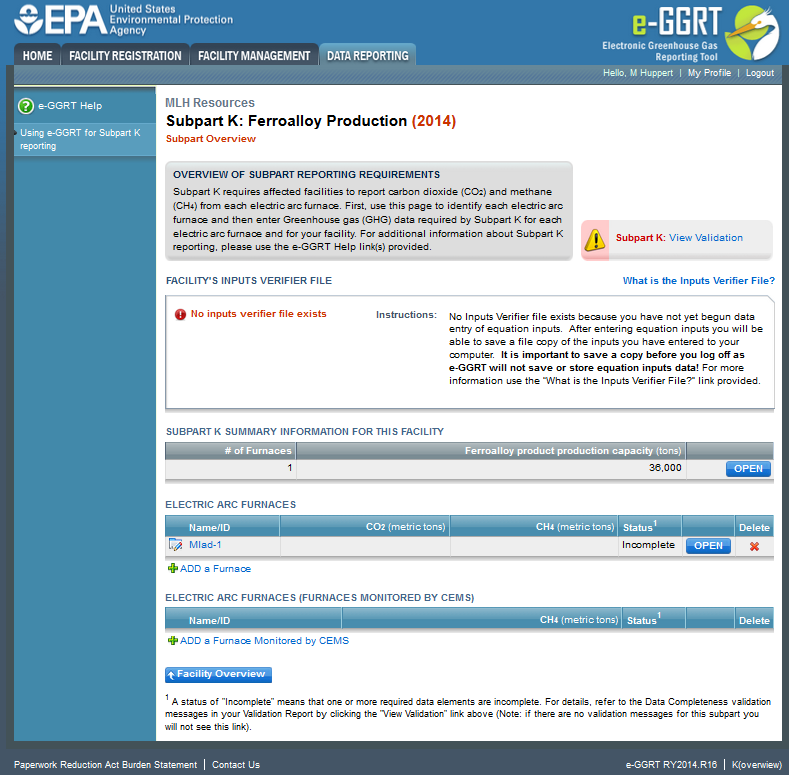 Image of the Subpart K: Ferroalloy Production page that shows facility information.